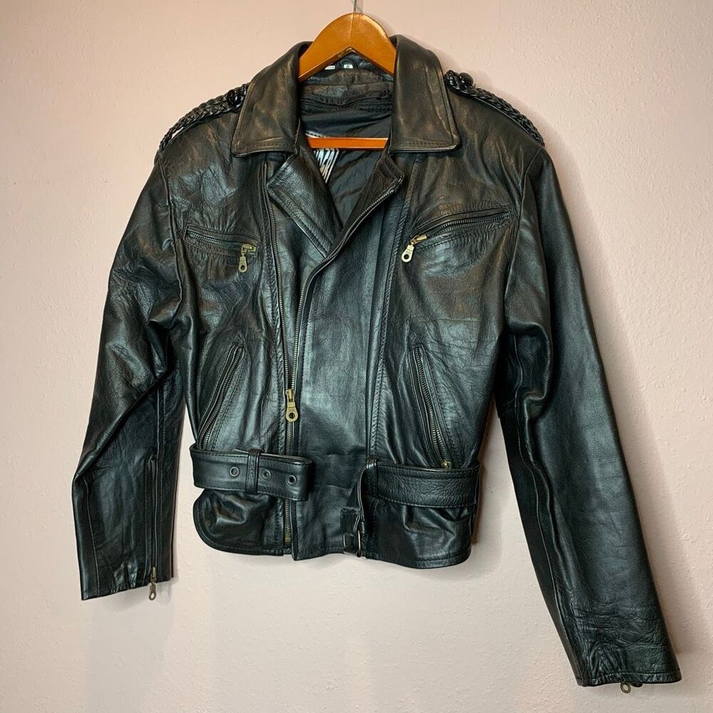 Wild Rider vintage thick leather biker jacket wait belt braided details